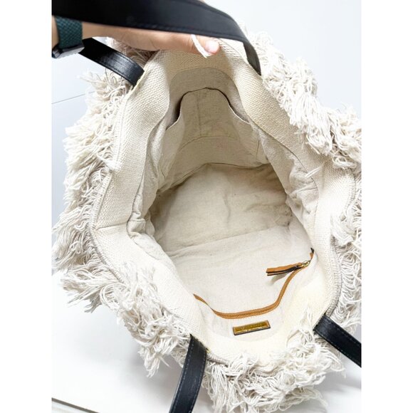 Tory Burch Womens Pom Pom Fringe Canvas Large Woven Tote Bag Double Handle Navy - Picture 3 of 5